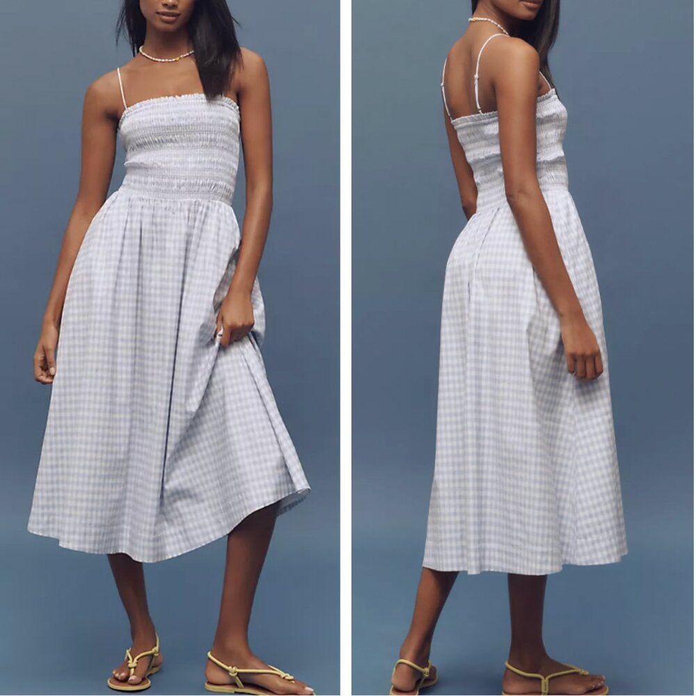 Reformation Kerrie Midi Dress - Crystal Check Blue Ivory Causal Summer Best - Picture 3 of 15